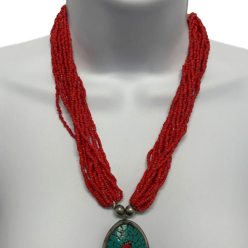 Vintage Red Multi Strand Seed Bead Necklace Turquoise Coral Mosaic Pendant Boho